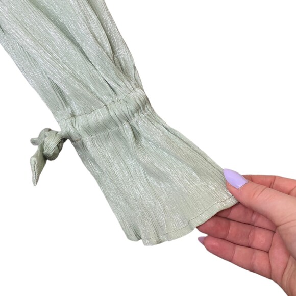 Pretty Lavish Metallic Sage Green Long Sleeve Tie Detail Blouse Women’s Small - Picture 9 of 9